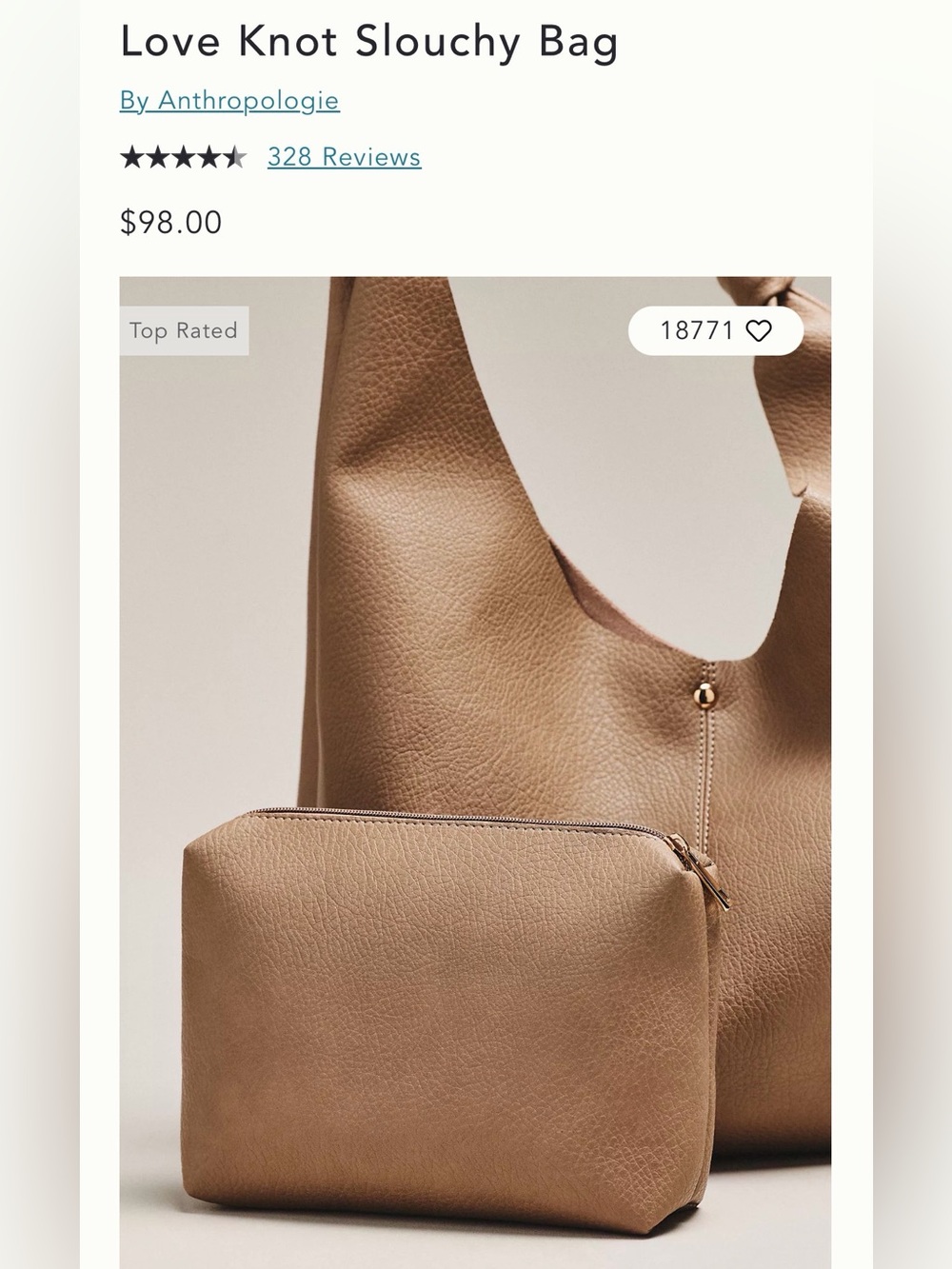 Anthropologie- Love Knot Slouchy Bag with Pouch - Tan